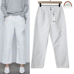 New! Zara High Rise Straight Leg Distressed Button Fly Rigid White Jeans